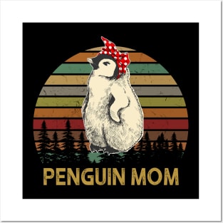 Penguin Mom With Red Dot Turban Gift For Mother's Day Posters and Art